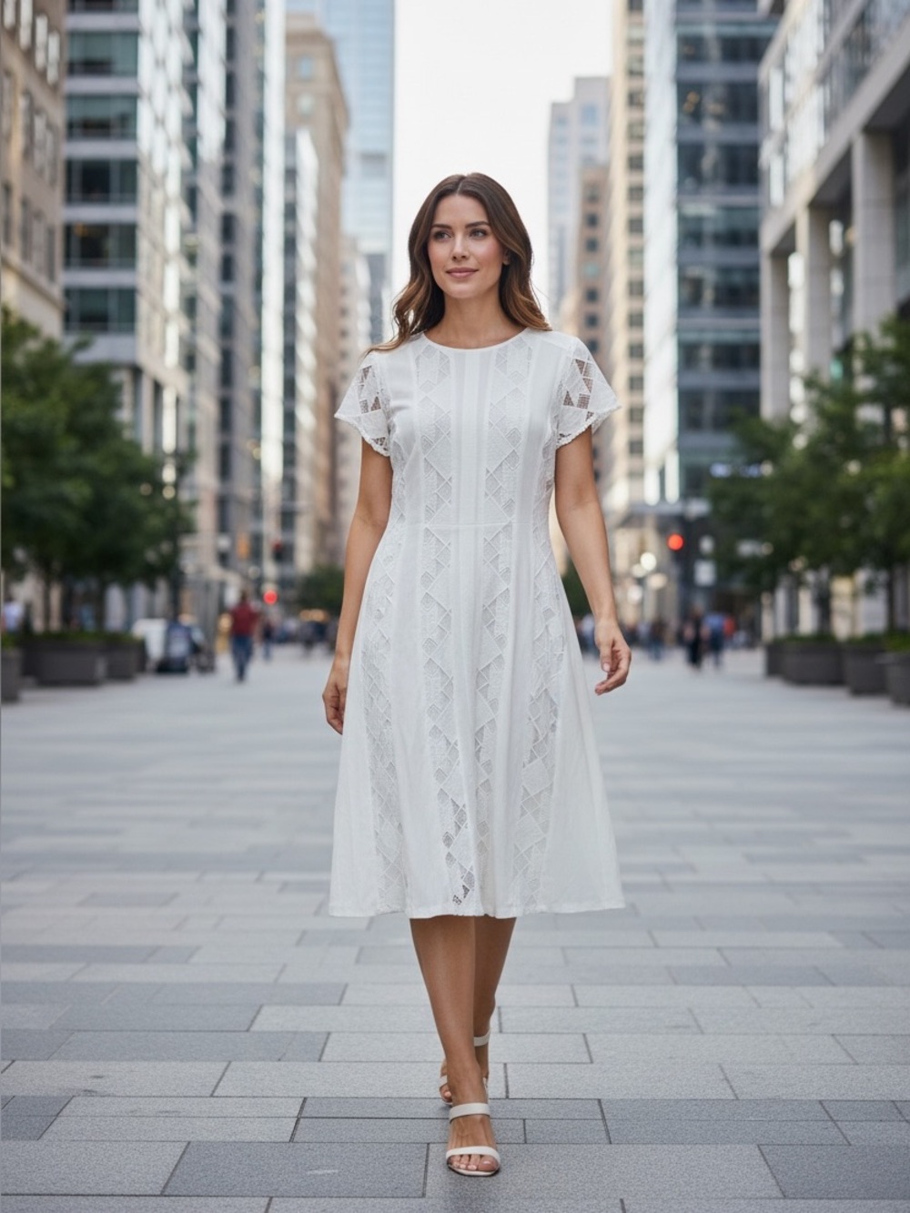 Rafaella Lace Detail A-Line Short Sleeves Midi Dress in Snow White NWT